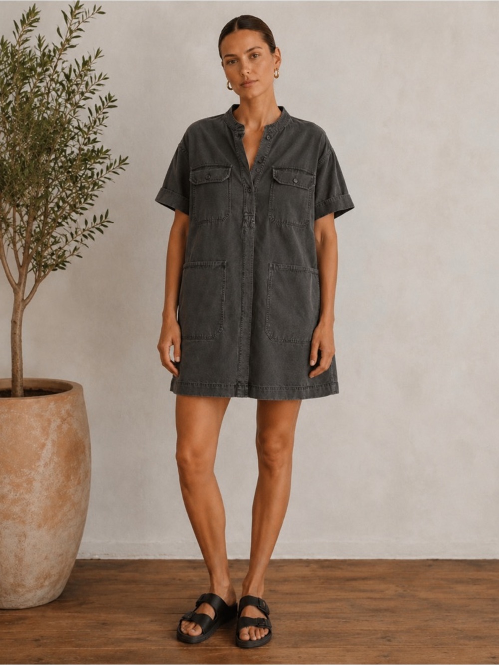 SOEUR Unique Mini Dress Charcoal Gray Utility Pocket Relaxed Cotton 38 US Size 6